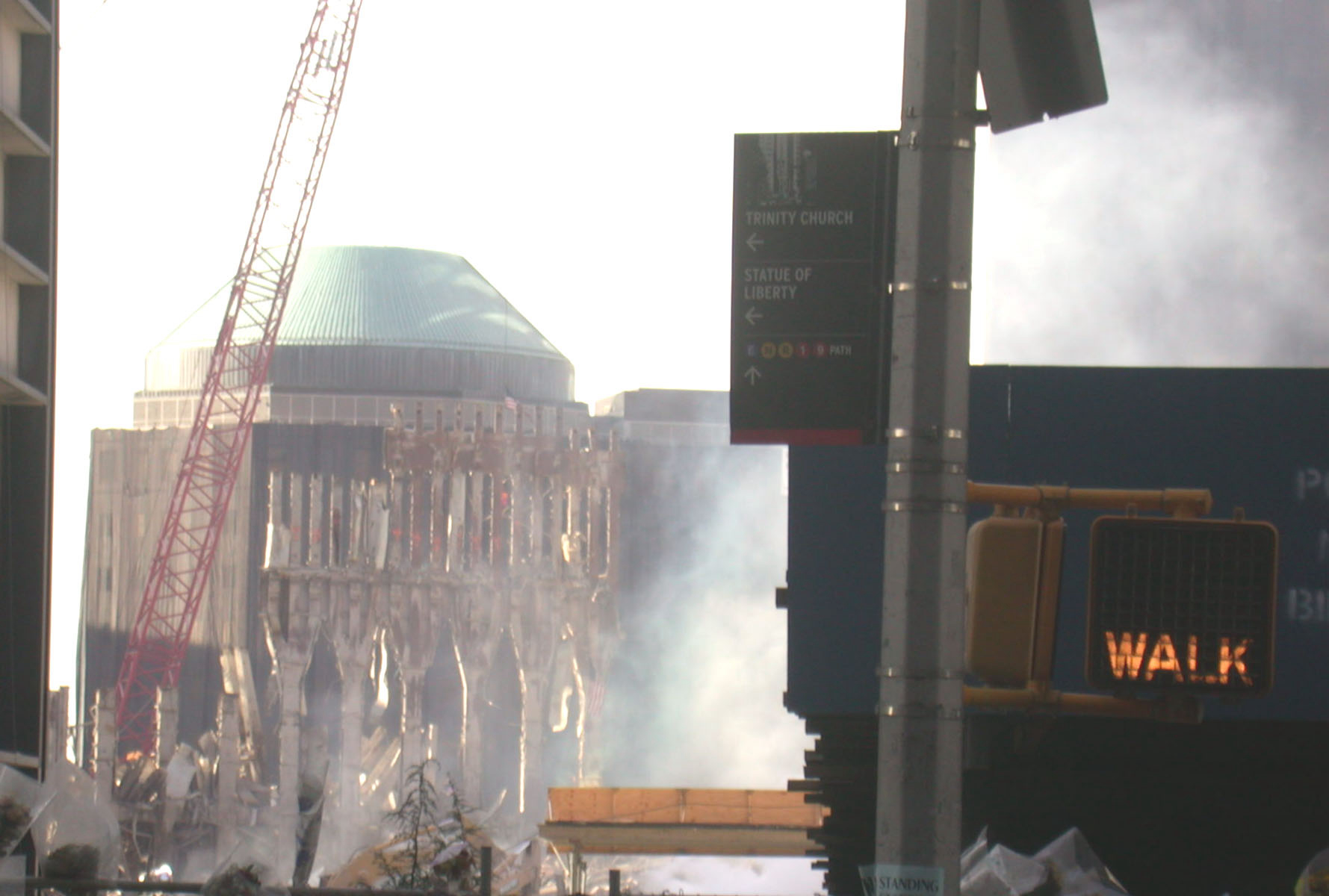 View of World Tade Center Towers smoldering in Lower Manhattan in 2001.